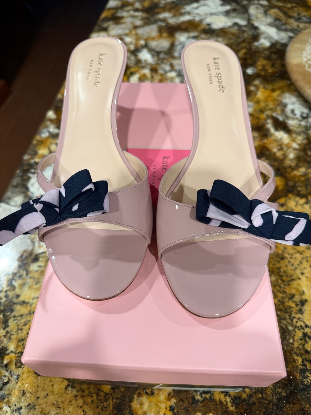 kate spade Blush Pink Patent Slide Mules with Navy Bow Accent